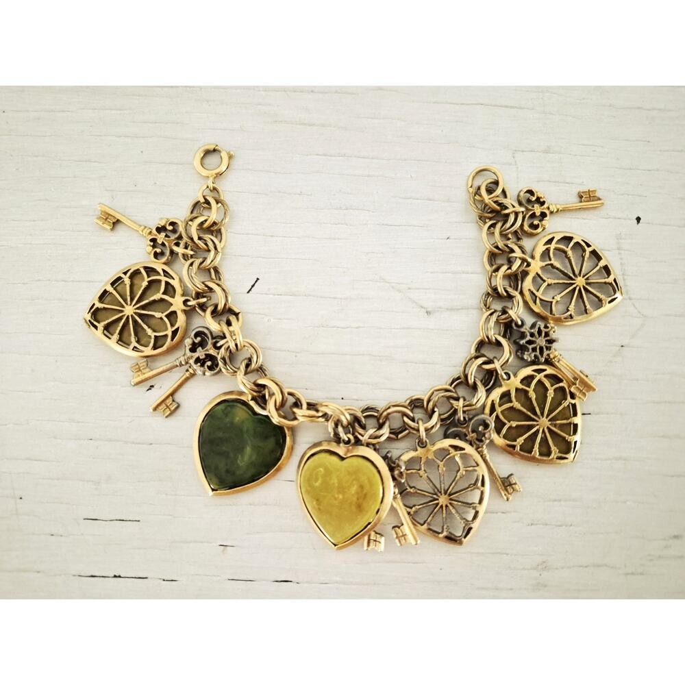 Vintage Marbled Olive Green Yellow Blue Moon Bakelite Hearts Keys Bracelet